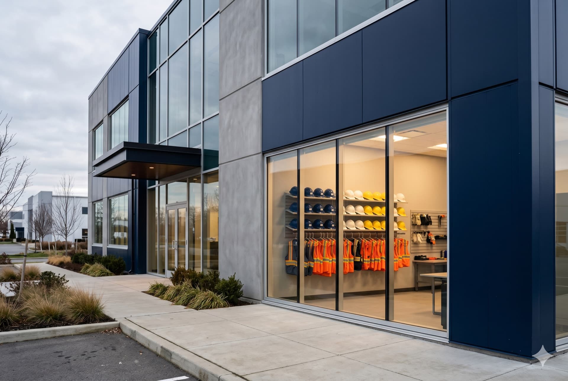 Fachada de las instalaciones de EHS RD con equipo de protección personal organizado