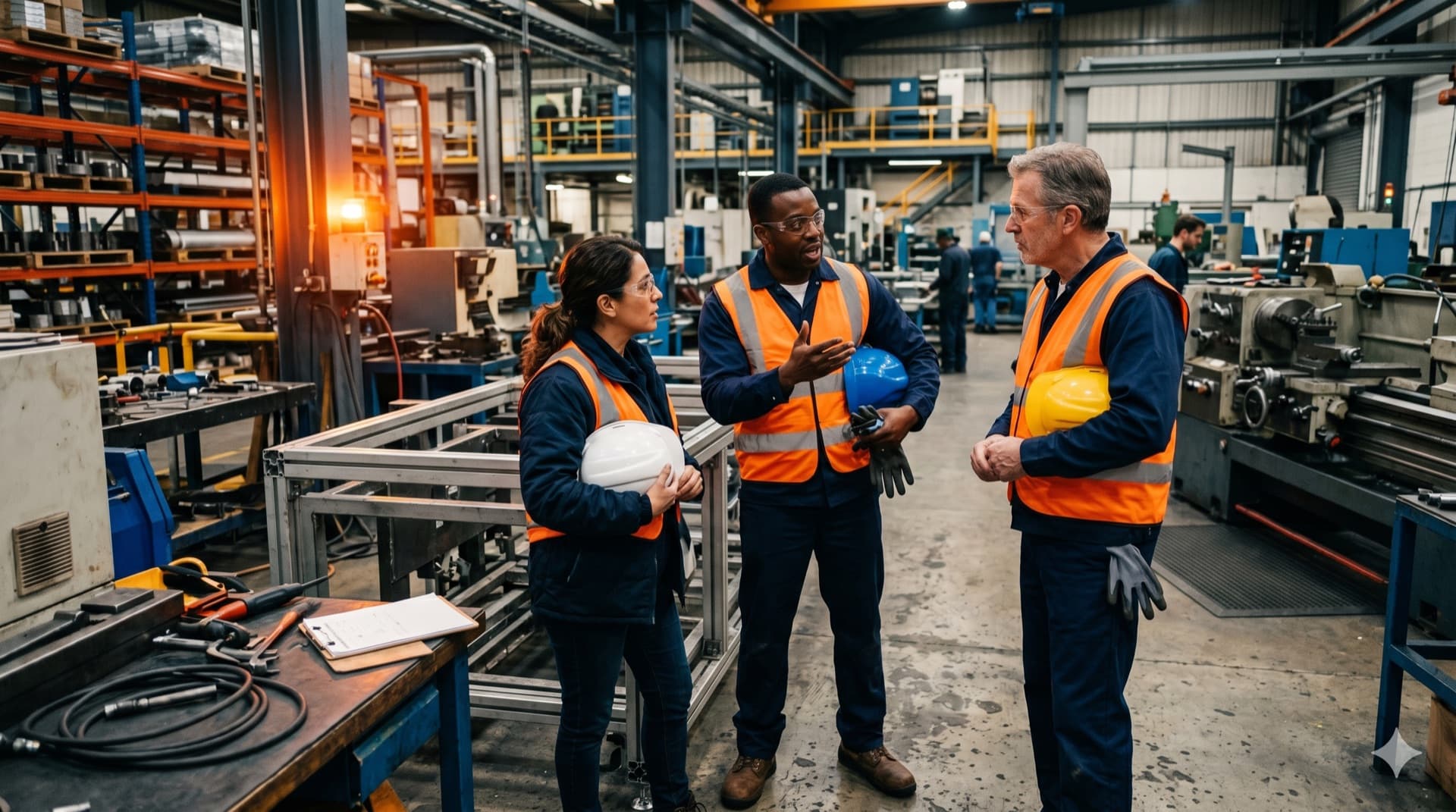 Equipo de seguridad industrial conversando en una planta de manufactura
